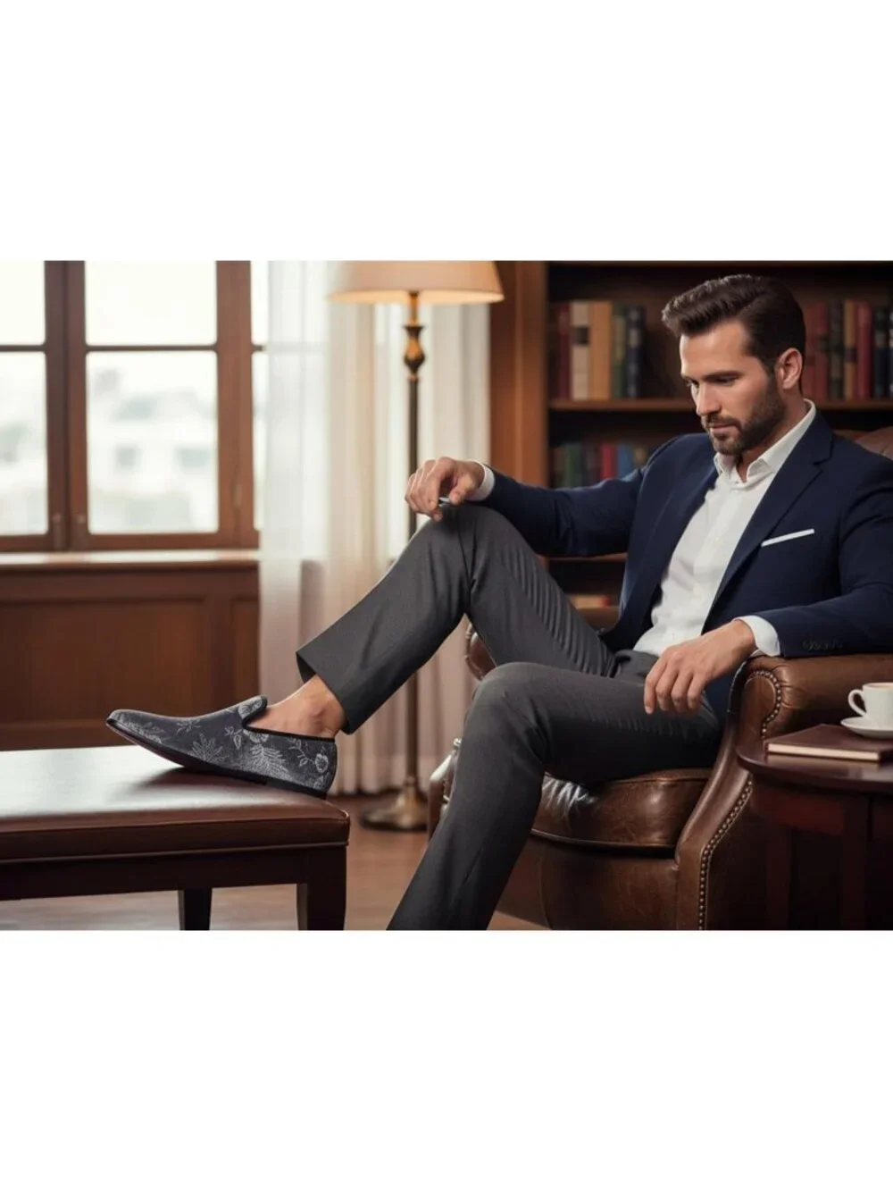 Metrocharm Men's Grey Floral Loafers Penny Slip On Tuxedo Fashion Shoes